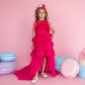 Enchanting Party Dress, Hot Pink Princess Birthday Dress for Toddler Girls with Elegant Tulle Train, Stylish Kids Outfit