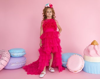 Enchanting Party Dress, Hot Pink Princess Birthday Dress for Toddler Girls with Elegant Tulle Train, Stylish Kids Outfit