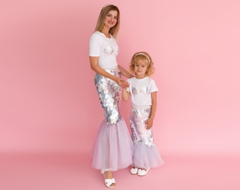Matching Mommy and Me Outfits - Enchanting Mermaid Tail Costume for Mother and Daughter with Seashell Print T-Shirt - For Cosplay, Birthday