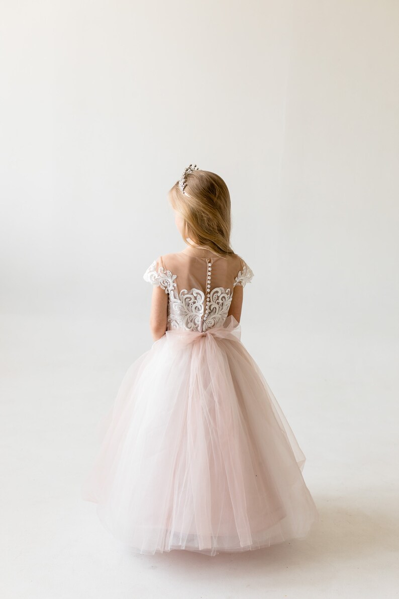 Blush Flower Girl Dress, Lace Flower Girl Dresses, Tulle Girls Gown, Baby Girl, Infant, Princess Tutu, 1st Birthday Outfit image 5