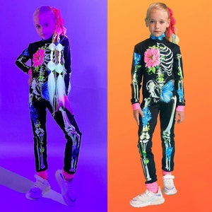 Kids glow in the dark halloween bodysuit, Girls halloween costume - Butterfly halloween costume - Girl skull outfit