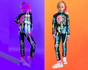 Kids glow in the dark halloween bodysuit, Girls halloween costume - Butterfly halloween costume - Girl skull outfit