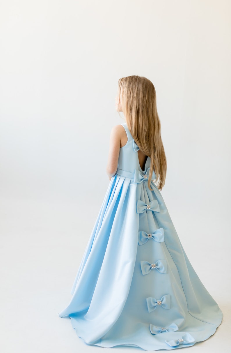 Sky Blue Girls Dress Jr Bridesmaid Dress Flower Girl Dresses Toddler Flower Girl Flowergirl High-low Dress with train Blue Wedding Dress image 4