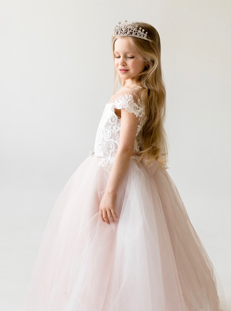 Blush Flower Girl Dress, Lace Flower Girl Dresses, Tulle Girls Gown, Baby Girl, Infant, Princess Tutu, 1st Birthday Outfit image 8