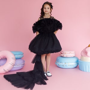 Enchanting Party Dress, Black Princess Birthday Dress for Toddler Girls with Elegant Tulle Train, Stylish Kids Outfit