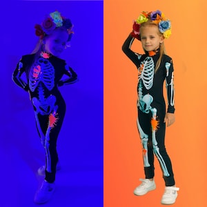 Toddler Girl Halloween Costume - Glow in the dark Gothic Skeleton Outfit for Spooky Fun, Trick or Treat party, Black & White Day of Dead