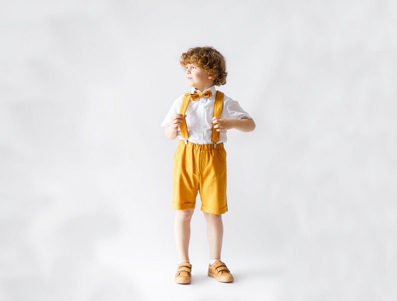 Mustard Boys Linen Suit Classic Elegance for Your Dapper Little Gentleman Ring Bearer Outfit, Boys Wedding & Christening Suit image 1