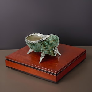 Jarrón artístico Turbo Shell con detalles plateados y elegancia costera para decoración de interiores.