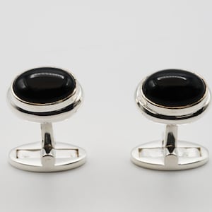 Chic Novelty Cufflinks in Sterling Silver - Sleek Black Onyx Cabochon Accent