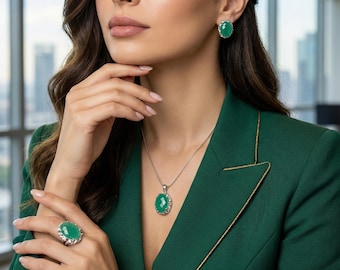Art-deco sieradenset chrysopraas – sterlingzilveren ring, oorbellen en hanger