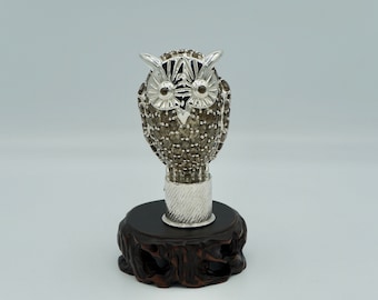 OWL FIGURINE, Silver Statue, BIRD Sculpture, Starling Silver Owl Model Figurine With Smoky Quartz Elegance In Your Interior Decor
