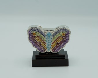 Butterfly Pill Box, Pill Organizer, PORTABLE PILL CASE, Adorable Silver Pill Case With Colorful Precious Stones Unique Present For Father