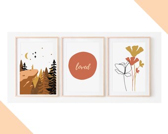 Boho Woodsy Nursery Wall Art - Set of 3 Wall Prints - Mid Century Modern Baby - Gender Neutral Nursery - Woods Nursery Prints- Baby Name