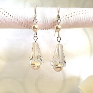 Sterling silver earrings, white pearl earrings, clear crystal earrings, Swarovski crystal earrings, wedding earrings, gift for her