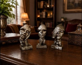 Three Wise Faces Sculpture Set – Abstract Resin Figurines, Antique Silver Finish