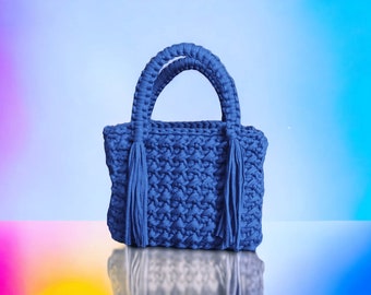 Handmade Blue Cotton Yarn Canta Shoulder Bag, Tassel Detail Crossbody Bag