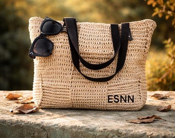 Handmade Crochet Raffia El Canta with Leather Straps, Natural Straw Shoulder Bag