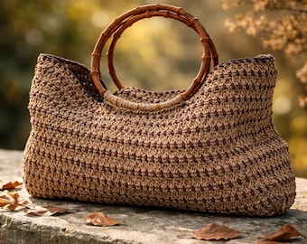 Hand-Crocheted Straw Raffia Bag, Bamboo Handle Tote, Beach Party Purse