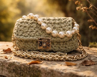 Handwoven Cotton Yarn Shoulder Bag, Green, Gold Chain, Pearl Detail