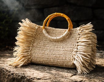 Handmade Raffia Crochet Bag, Boho Ethnic Style, Wooden Sap