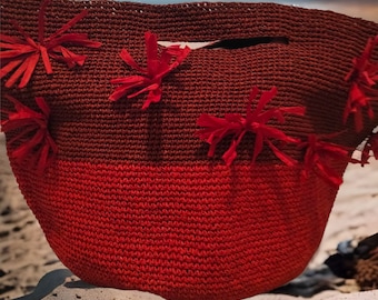 NATURAL Straw beach bag, Crossbody bag, boho straw bags, crochet beach bag, red bag,red large size 777/520