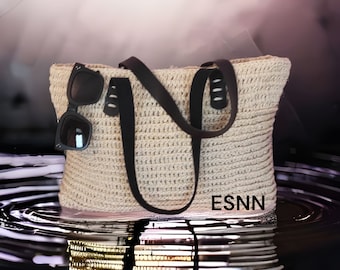 Handmade Crochet Orgu Canta Raffia Bag with Leather, Natural Straw Crossbody Shoulder Bag