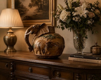 Hand-Painted Elephant Safari Vase Sculpture, Wildlife Art, Polyresin Jungle Decor