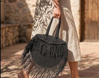 Hand-Crocheted Natural Straw Round Bag, Boho Fringed Beach Purse