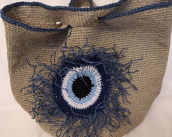 Handmade XL  Crochet Paper Yarn Bag, Boho Beach Tote, Large Natural Straw Bag
