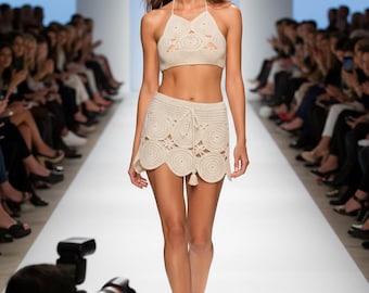 Handmade Crochet Mini Skirt and top with Tassels – Cotton Beach Cover-Up