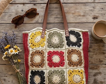 Crochet Granny Square Straw XL Beach Bag, Boho Crossbody Purse