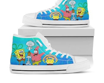 Spongebob Sqarepants Shoes, Spongebob Sqarepants High Top Sneaker, Cartoon Fan Converse style hightop, custom shoe, mom dad child shoe