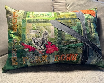 Wonky Log Cabin 16"x23" " For All Foodies" Quilted Pillow