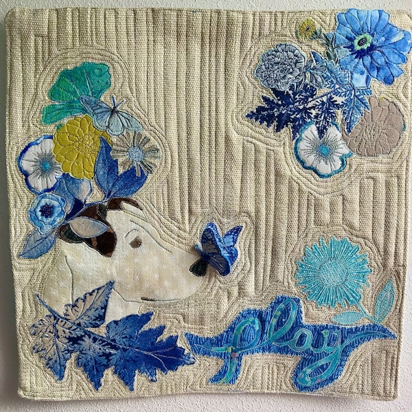 Playful OOAK Raw Edge Applique Hand Beaded & Embroidered Wall hanging " Max loves to Play".