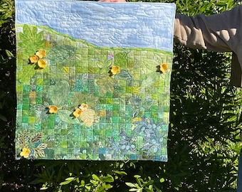 Quilted "Dappled Sunlit Field with Buttercups",Raw Edge Applique OOAK Wallhanging