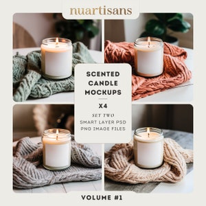 Op de afbeelding: Vier mockups van geurkaarsen met brandende lonten en blanco etiketten, weergegeven op gebreide dekens in verschillende kleuren. De afbeelding bevat de tekst "SCENTED CANDLE MOCKUPS X4 SET TWO SMART LAYER PSD PNG IMAGE FILES VOLUME #1."