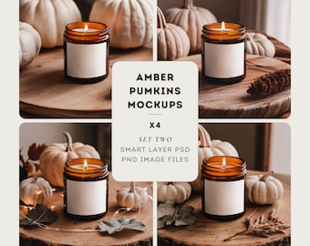 Amber candle mockup, white pumkin fall mockup vibes, mock up bundle, thanksgiving season autumn psd template - pod store ready - Set#2