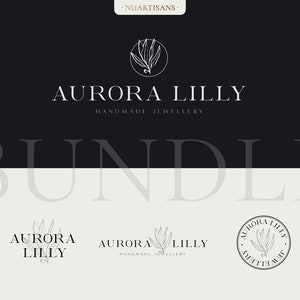 以下が含まれることがあります： 手作りジュエリーを専門とする「Aurora Lilly」というビジネスの白黒ロゴ。ロゴには、スタイリッシュな花のデザインと「手作りジュエリー」というテキストが使用されています。