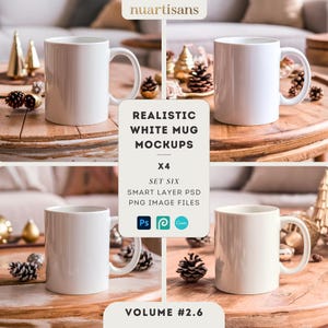 Muggmodellpaket, smarta objekt i PSD-format, sublimering eller Printify, mysiga bohemiska julmockup-vibbar - enkelt att dra och släppa - Set #6