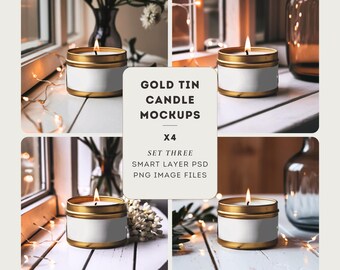 May include: Set of four gold tin candle mockups with a white label. The candles are on a white wooden surface with fairy lights. The image is a digital download for use in graphic design.