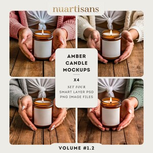 May include: Four amber glass candle jars with white labels, held by hands in a collage of four images. The candles are lit and the background is a wooden surface.