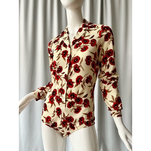 VINTAGE; 70s floral button up bodysuit