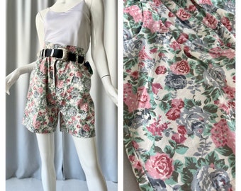 VINTAGE; High waisted baggy floral denim shorts