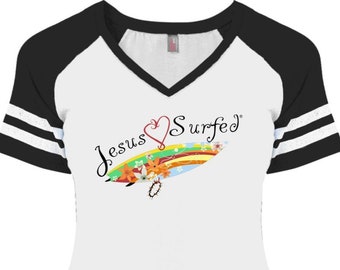 Jesus Surfed AOs Heart Women's Christian Game Day V-Neck is part of the Sweet Life Collection offered through Jesus Surfed Apparel Co