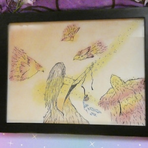 Phoenix Woman Framed Art: Soft Pastel Mystical Creature Original Artwork