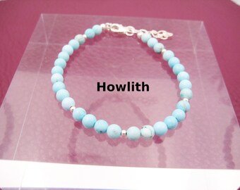 Howlite Bracelet, 4 mm, Turquoise, Smooth, Natural, Sterling Silver, Gemstone Bracelet, Gift for Her, Stacking Bracelet
