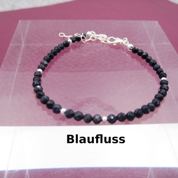 Blaufluss-Armband, 3mm, dunkelblau, glitzernd, Glas, natürlich, Sterling Silber, Edelstein-Armband, Geschenk für Sie, Stapelarmband