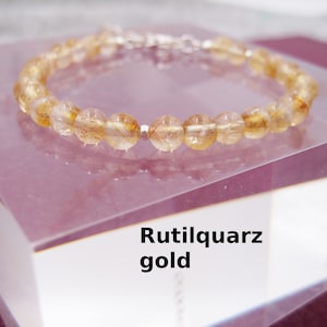 Rutilated Quartz Bracelet, Gold, 5mm, Inclusions, Smooth, Natural, Sterling Silver, Gemstone Bracelet, Gift for Her, Stacking Bracelet
