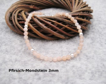 Moonstone Bracelet, 3 mm, Peach-Moonstone, Sterling Silver, Birthstone June, Gift for You, Stacking Bracelet