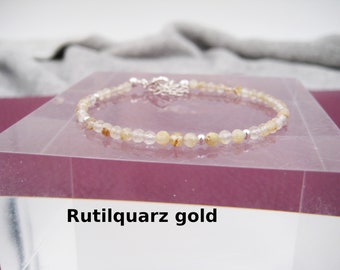 Pulsera de cuarzo rutilado, oro, natural, sin tratar, chapada en oro, oro rosa, plata de ley, regalo para ella, pulsera apilable